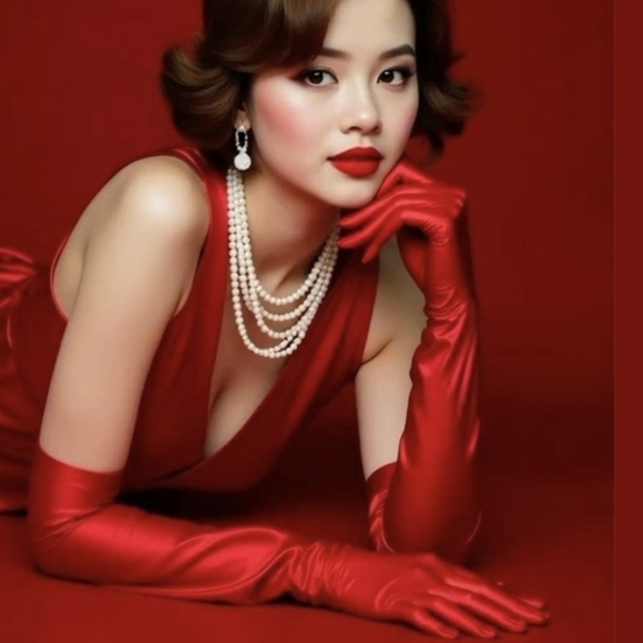 Red Satin Stretchy Women's Hat and Glove Set 23 Inch - Picture 6 of 8